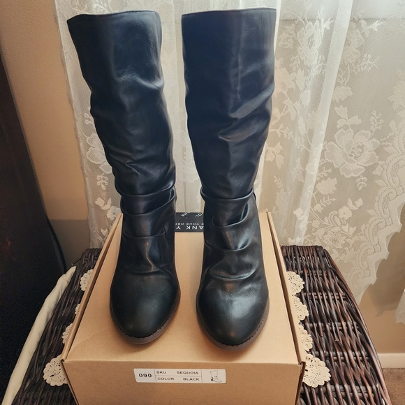 Black Faux Leather Mid Calf Boots - Picture 1 of 7